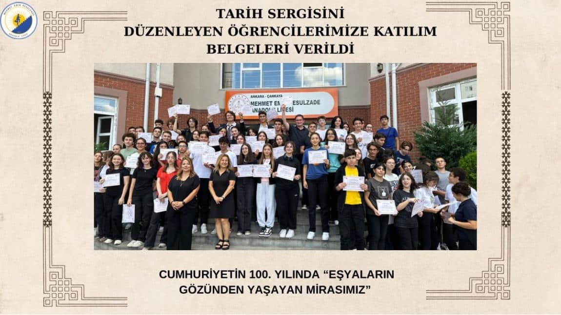 TARİH SERGİSİNİ DÜZENLEYEN ÖĞRENCİLERİMİZE KATILIM BELGELERİ VERİLDİ